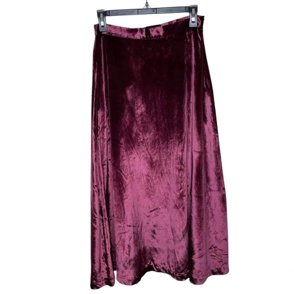Free People‎ Velvet Party Midi Skirt Front Slit Mulberry Burgundy
